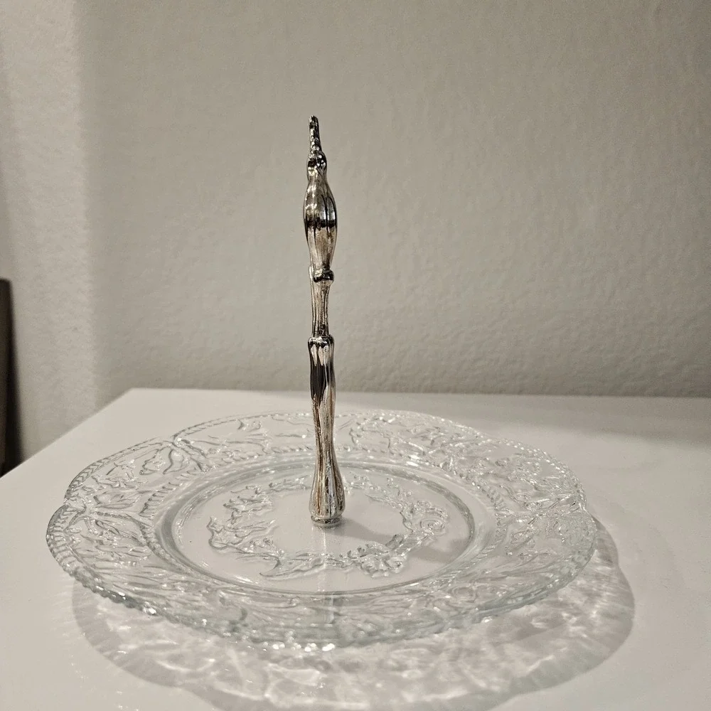 Vintage Crystal Center Piece With Silver Plated Handle Kingston Decor Plate Dish